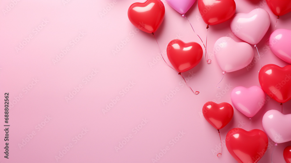 A group of balloons in the shape of a heart on a pink background, symbolize love