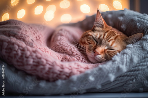 Contented cat napping in cozy blanket