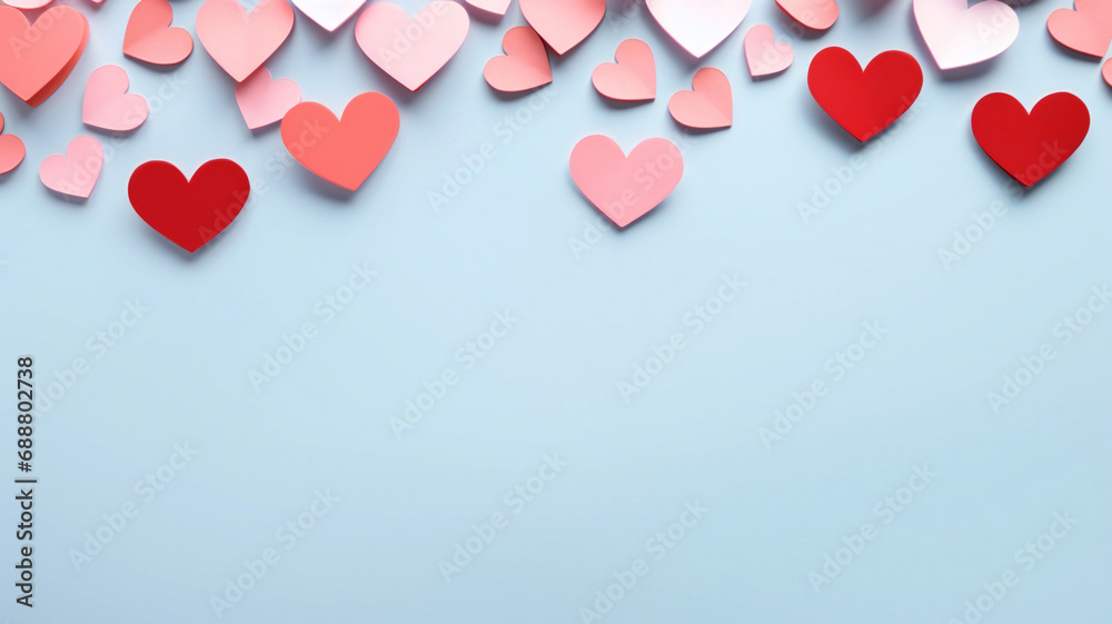 A group of paper hearts on a light blue background, symbolize love
