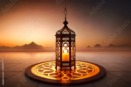 Ornamental Arabic lantern with burning candle glowing photo