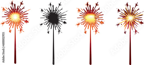 Red Bengal fire set drawing vector clip art festive greeting cards, invitations, banners. Small firework on stick Happy New Year party invitation sparkler firework illustration. Magic wand accessory 
