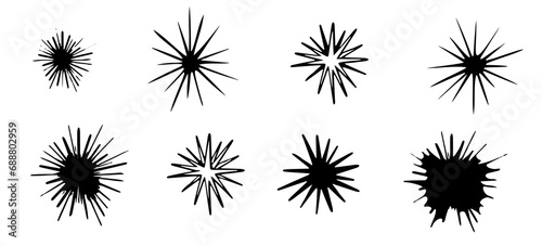 Clipart image in pop art style of blob, star, flash drawn by hand ink style minimalism. Set simple objects signs for design. Spiny sea urchin, cartoon explosion symbol. Abstract symbols for decoration photo