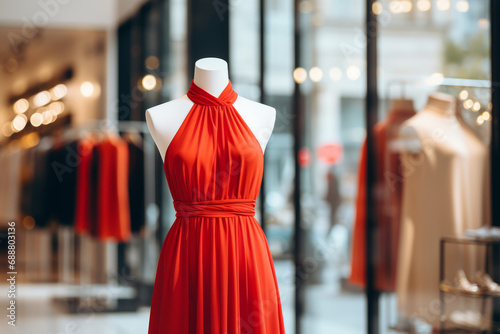 Elegant women's red midi dress on a mannequin in a window display in a shopping center. Little black dress