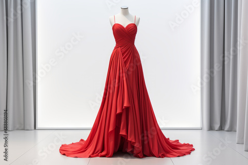 Elegant luxury women's red dress on a mannequin in window display in shopping center. Dress for reception or celebration.