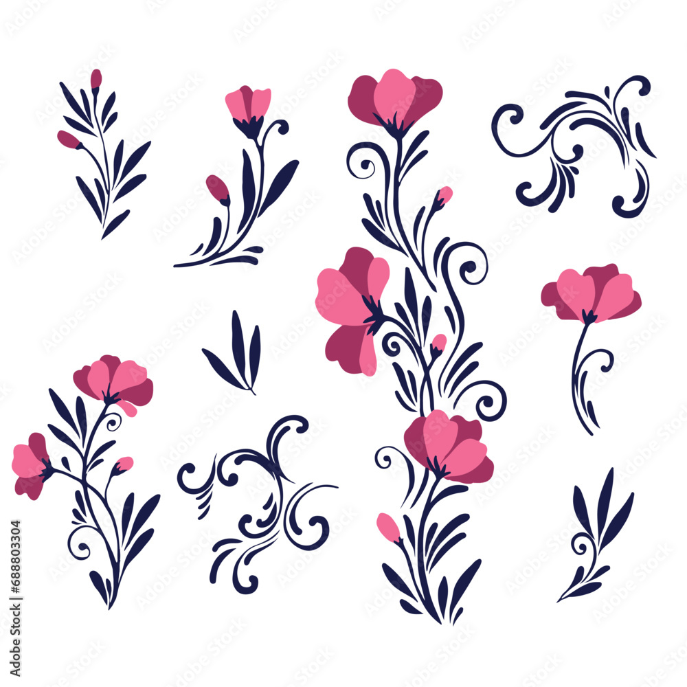 Set flower or ornamental plant. Botanical print of leaves, flowers and curls. A simple natural pattern. Vector illustration on a white background. Set flower or ornamental plant. Botanical print of leaves, flowers and curls. A simple natural pattern. Vector illustration on a white background.