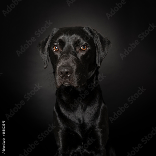 Studio shot of a Black labrador dog with brown eyes isolated on black background