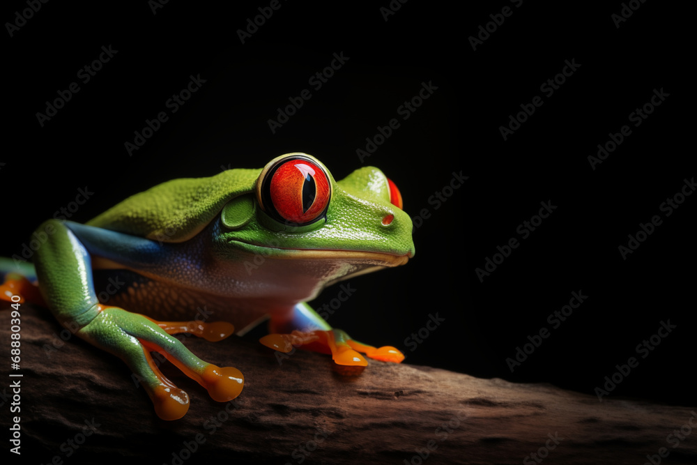 Obraz premium Luminous Elegance: Red-Eyed Tree Frog's Portrait in the Abyss