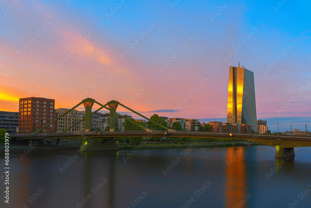 European Central Bank office building in Frankfurt am Main at sunset - obrazy, fototapety, plakaty 