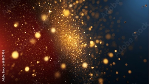 Abstract golden dust particles and bokeh glitter on a blue and red background