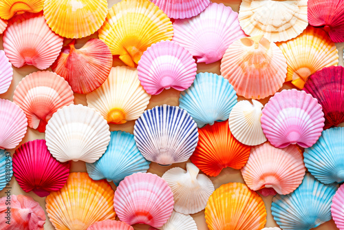 Colorful seashells background. Top view, flat lay.