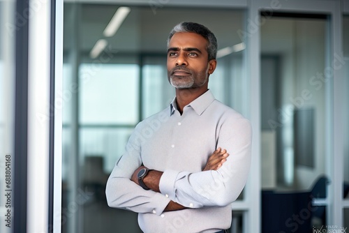 Serious business man looking away standing arms crossed in office. Confident bearded businessman ceo leader, professional manager executive or entrepreneur thinking of new project ideas.