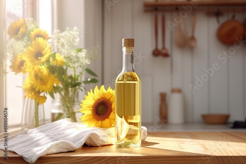 bottle of sunflower oil in the white light kitchen with wooden facades and appliances, realistic