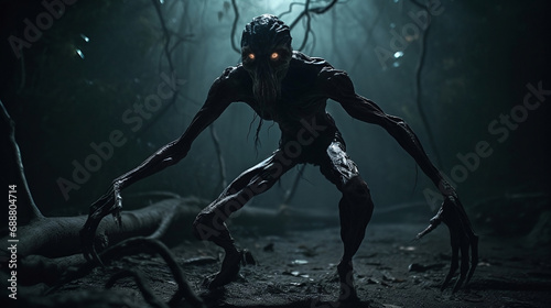 Fictional mythical evil philippine creature Aswang with long arms and glowing eyes