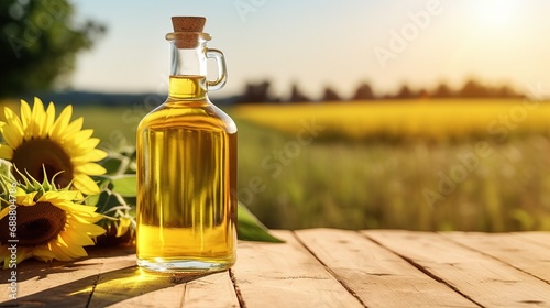 transparent bottle of oil stands on a wooden table on of a field of sunflowers at background, sunny day, backlight, copy space, realistic