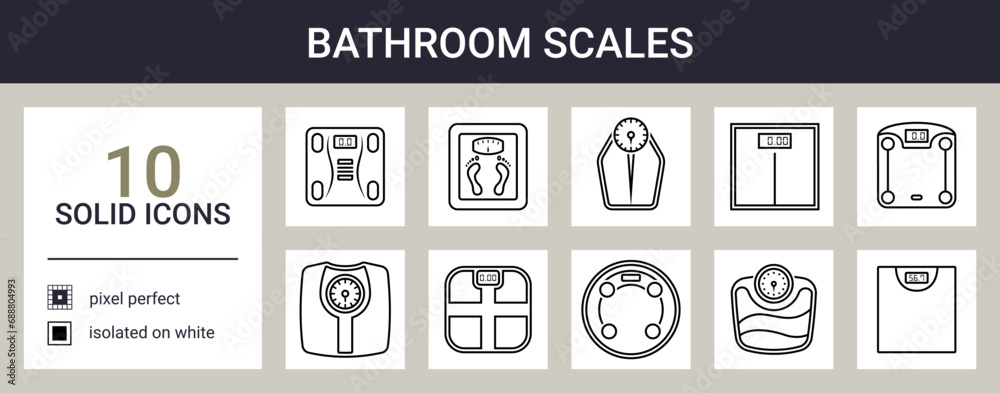 Bathroom scales icon set in outline style - obrazy, fototapety, plakaty 