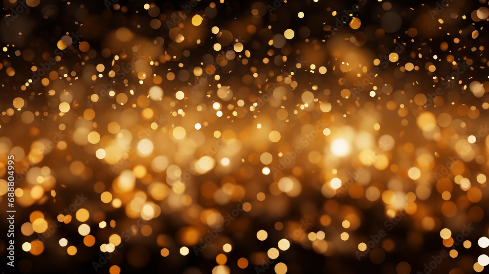 Bokeh abstract golden dots and black background with glitter lights. Bright futuristic luxury backdrop.