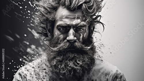 A bearded individual's likeness, where the precision of a photograph evolves into the wild freedom of black and white paint splashes, symbolizing the complexity of human essence.