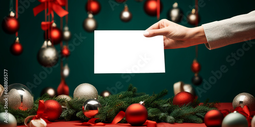 Christmas time of hand holding card with transparent background against Christmas decoration background