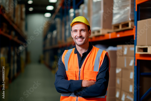  loader worker in uniform smiling on the background is a large warehouse with boxes for delivery.  © KEA