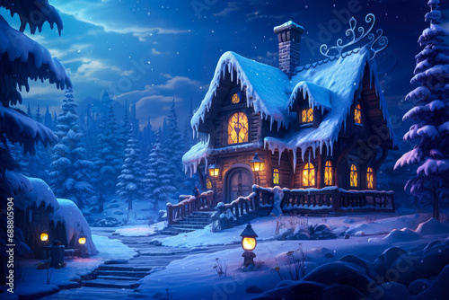 Christmas house in the winter forest. Christmas and New Year concept.
