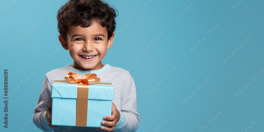 Funny happy little child boy holding big Christmas gift decorated and packked with ribbons in hand isolated on blue background with copy space. Funny happy little child boy holding big Christmas gift decorated and packked with ribbons in hand isolated on blue background with copy space.