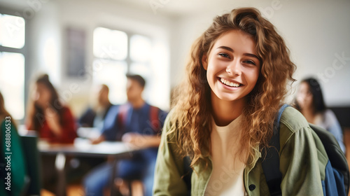 A beautiful young female student sitting in a high school classroom, smiling and looking at the camera, wearing a backpack. Teenage girl listening to a professor teaching a lesson in classroom