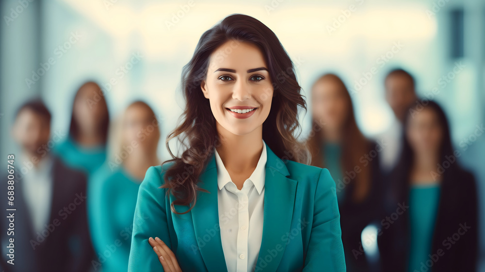 Fototapeta premium A beautiful young female entrepreneur in an elegant suit standing in a modern office interior, looking at the camera and smiling. A group of clients and coworkers in the background. Businesswoman