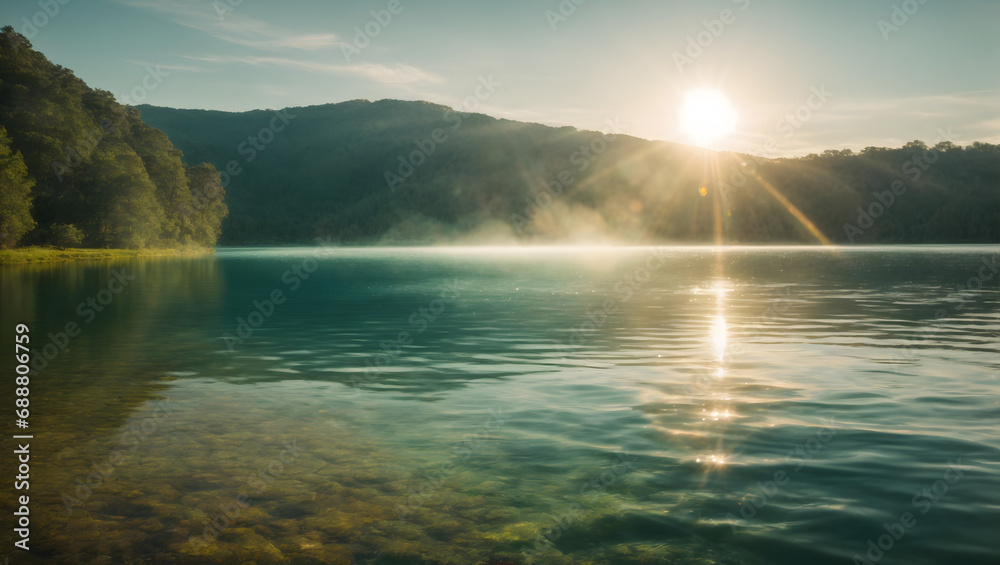 Mystic Lake - Sunlight Creating Sparkling Ripples on Pristine Waters with Ethereal Flare.