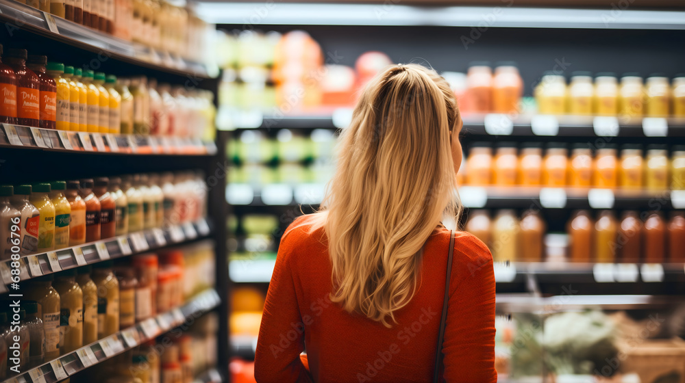 Woman with blonde hair walking in the supermarket or grocery store, looking at the shelf, comparing nutrition values and prices for different products. Customer local shopping behavior