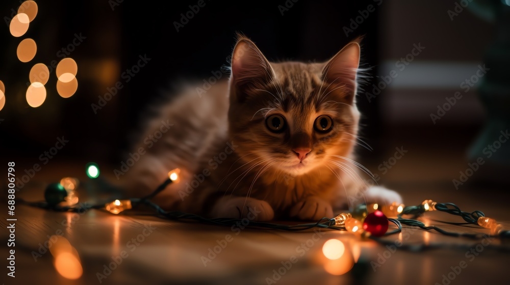 a cat lying on the floor with christmas lights