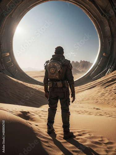 Hombre en el desierto en una escena postapocaliptica en un mundo dominado por el calor y la sequía