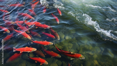a group of red fish swimming in water