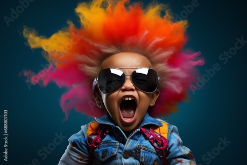 a child with colorful hair and sunglasses