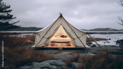 a tent with a bed and pillows on it