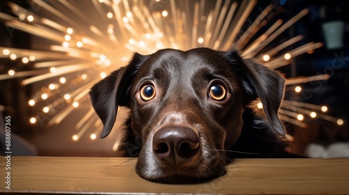 Scared chocolate dog labrador pet afraid of fireworks noise on New Year's Eve showing fearful anxiety and searching for protection being startled and nervous
