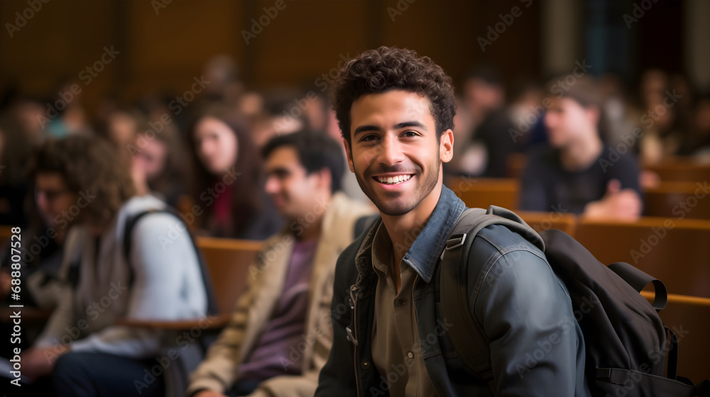 A handsome young man student sitting in a college classroom, smiling and looking at the camera, wearing a backpack. University campus, academic education, listening to a professor teaching a lesson - obrazy, fototapety, plakaty 