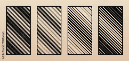 Laser cut panels. Vector set of abstract geometric patterns with diagonal halftone line, stripes, gradient transition. Modern decorative stencil for CNC cutting of wood, metal, paper. Aspect ratio 1:2