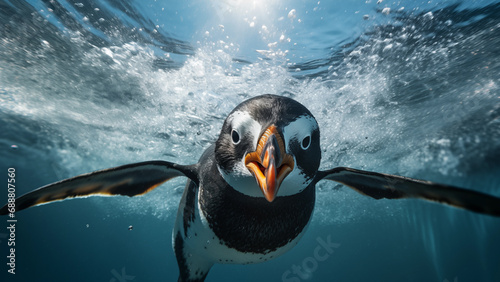 Cute Underwater Penguin Swimming Toward the Camera with Endearing Charm