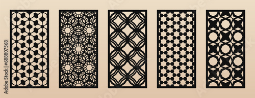 Laser cut, CNC cutting patterns collection. Vector set with abstract geometric ornament, lines, diamonds, grid, lattice. Arabesque style. Cutting stencil for wood panel, metal, paper. Aspect ratio 1:2