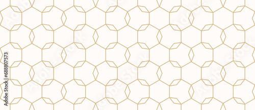 Linear grid vector seamless pattern. Subtle thin golden lines texture, delicate minimalist lattice, mesh, net, diamonds, hexagons. Abstract white and gold luxury background. Minimal wide geo design