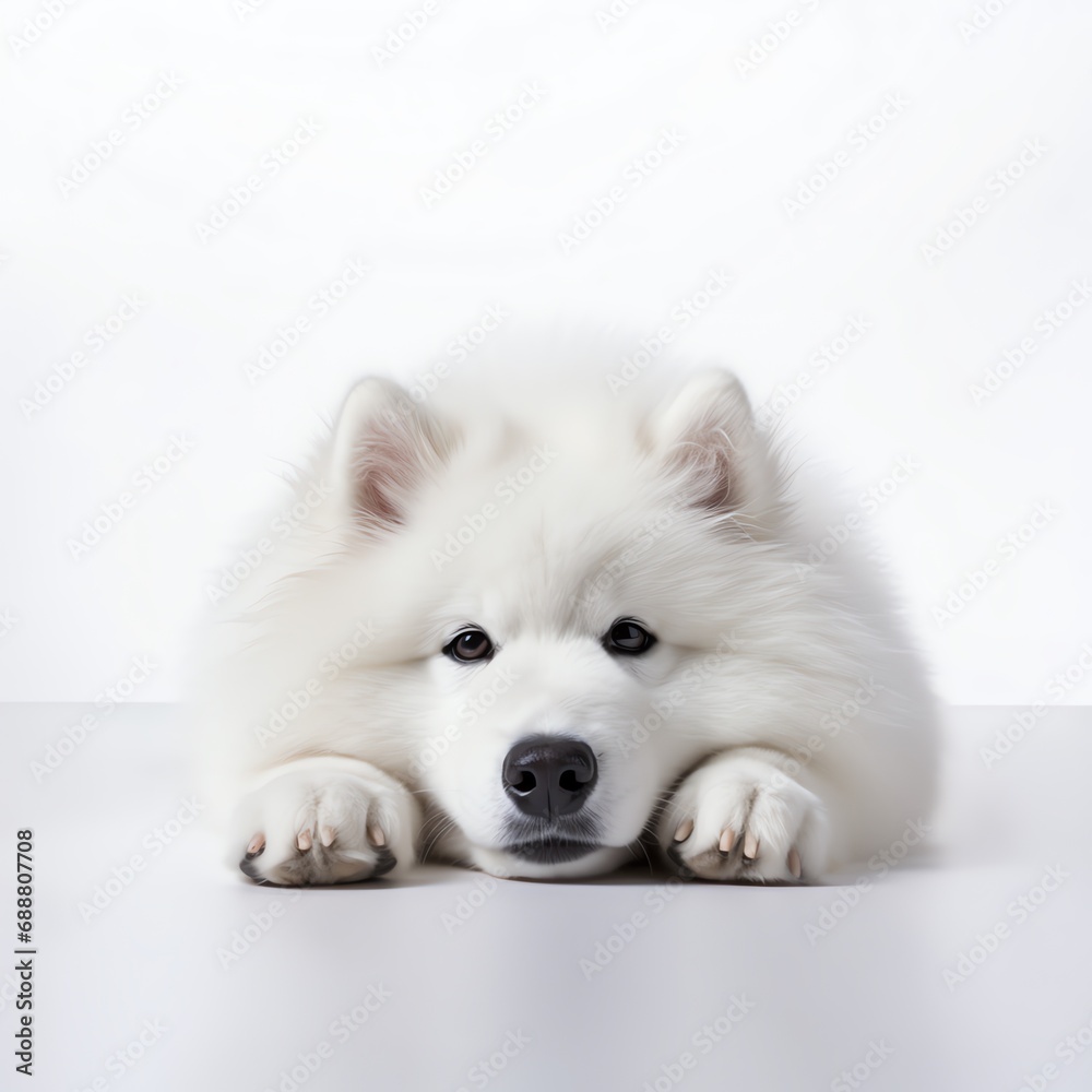a white dog lying on a white surface