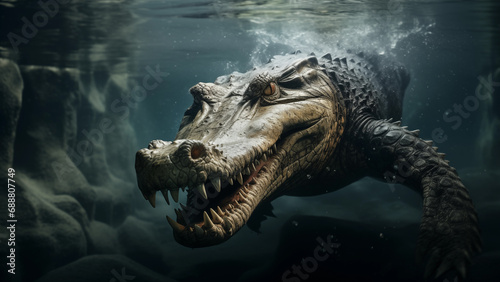 Sinister Underwater Encounter: Menacing Crocodile Submerged with Stealth in Shallow Waters