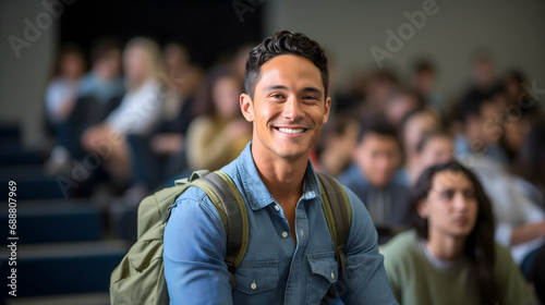 A handsome young Asian man student sitting in a college classroom, smiling and looking at the camera, wearing a backpack. University campus, academic education, listening to a professor © Nemanja