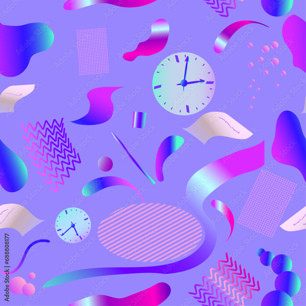 Seamless background. Colorful geometric 3D Memphis style pattern. Various cool shapes with the image of a clock. Time for abstract movement.