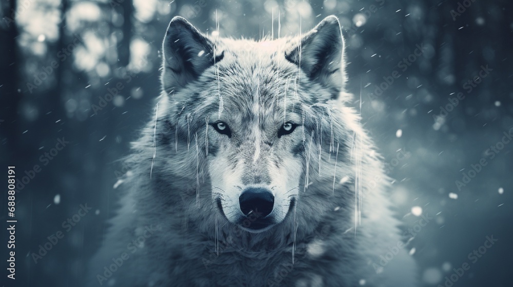 A detailed double exposure image where a wolf's visage is blended into a snowy white canvas, highlighting the contrast between its dark eyes and the bright absence of color. A detailed double exposure image where a wolf's visage is blended into a snowy white canvas, highlighting the contrast between its dark eyes and the bright absence of color.