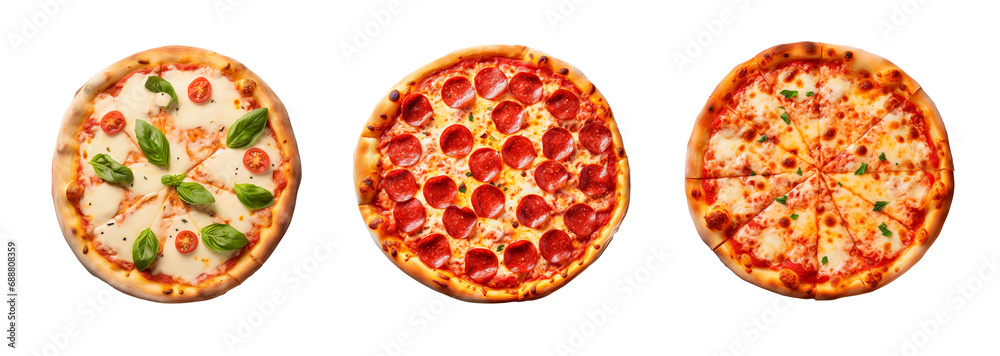 Top view of delicious traditional pizzas, margarite, pepperoni and cheese. White transparent background