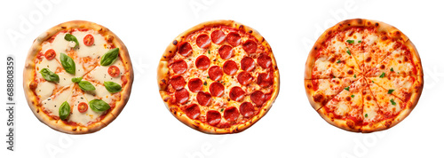 Top view of delicious traditional pizzas, margarite, pepperoni and cheese. White transparent background photo