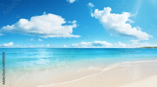 a beach with blue water and clouds