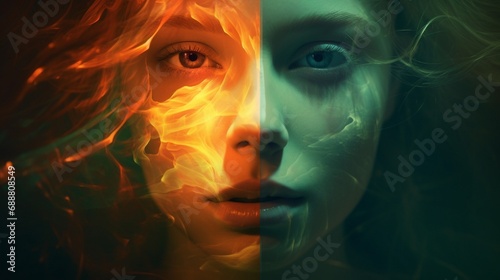 A double color exposure portrait that captures the duality of a girl's spirit, merging a peaceful emerald visage with an incandescent ruby one, representing her calm and rage.