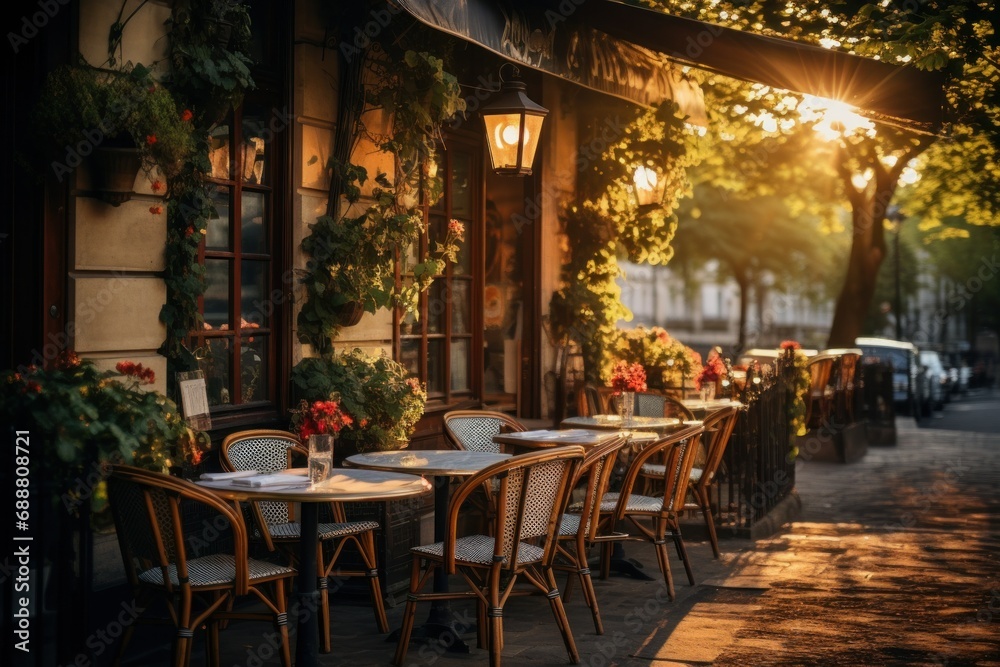 Enchanting Sunset at a Cozy Parisian Cafe Street